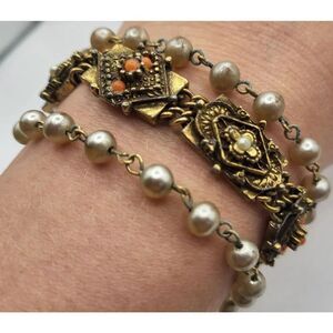 Vintage Goldette Style Gold Tone faux Pearl Coral Linked Bracelet 7.5in